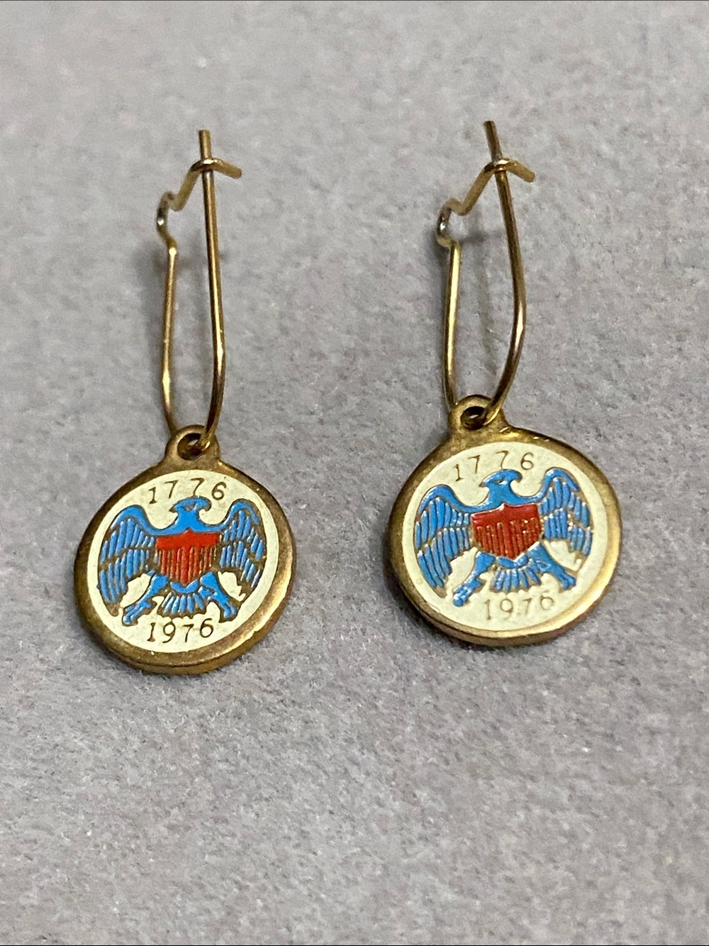 Taiwan Stamped Gold-Tone 1776 Eagle Medallion Drop Earrings